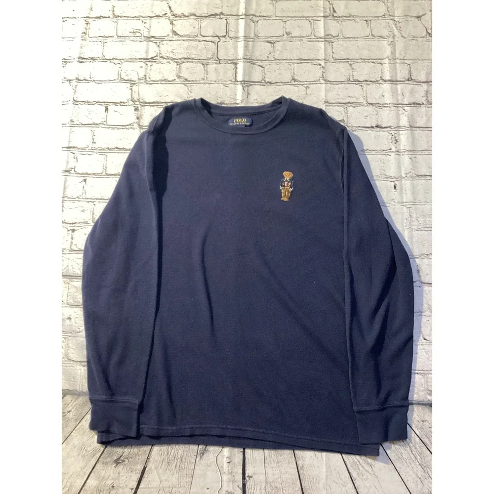 Polo Ralph Lauren Mens XL Navy Blue Waffle Knit Thermal Polo Bear Shirt